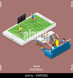 Online football flat isometric vector concept. Friends are sitting on the sofa and watching the soccer match that is going on the on the top of the bi Stock Vector