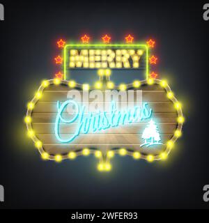 Merry Christmas wooden neon retro style billboard. Stock Vector