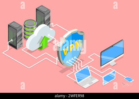 Isometric flat vector concept of VPN protection, cyber security, traffic encryption, virtual private network. Stock Vector