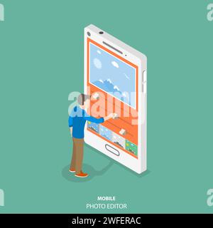 Mobile image editor flat isometric vector concept. Man is editing a picture on the smartphone by applying some filters and changing some other setting Stock Vector