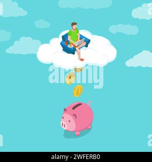 Remote job flat isometric vector concept. Young man is working with his laptop sitting in the arechare on the cloud. Coins are falling down from the c Stock Vector