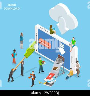 Cloud download flat isometric vector. People are downloading some content like video, music, books, films, documents, from the cloud to the smartphone Stock Vector