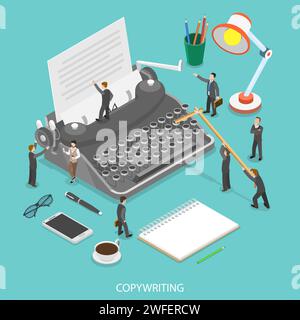 Copywriting flat isometric vector concept. People are trying to create some text on the paper sheet using a typewriter. Stock Vector