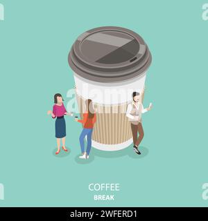 Coffee break flat isometric vector concept. Group of people are drinking coffee and chatting near the big paper coffee cup. Stock Vector