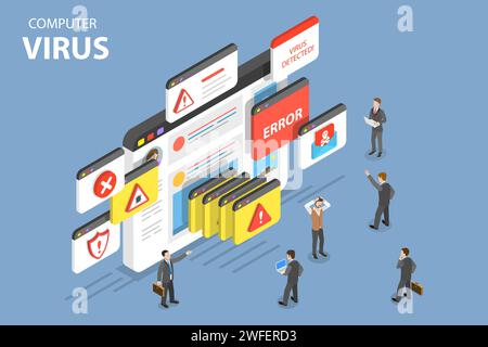 Isometric flat vector concept of computer virus, alert notification, hacking, cyber security, fraud internet error. Stock Vector