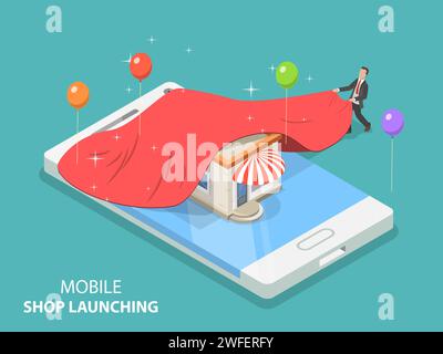 Flat isometric vector concept of mobile store app launch, startup idea, mobile development. Stock Vector