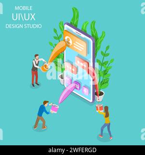 Isometric flat vector concept of UI and UX design studio, mobile app development, GUI design. Stock Vector