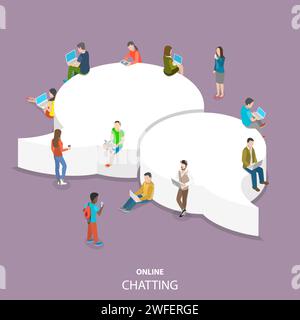 Online chatting flat isometric vector concept. Group of people with laptops and smartphones are around the two big speech bubbles. Stock Vector