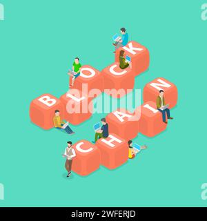 Blockchain flat isometric vector concept. People with the laptops are sitting on and around the blocks with the letters BLOCKCHAIN on them. Stock Vector