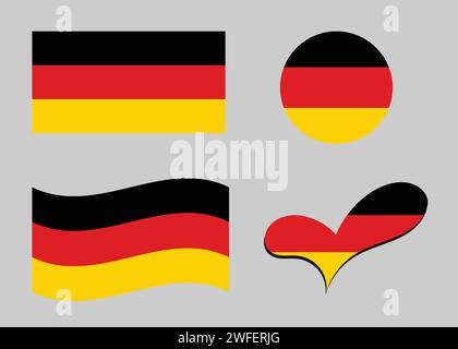 Flag of Germany. Germany flag in heart shape. Germany flag in circle shape. Country flag variations Stock Vector