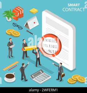 Flat isometric vector concept of smart contract, online business, cryptocurrency. Stock Vector