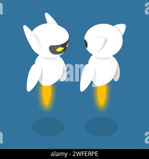 Flat isometric vector illustration. Fron and back view of a flying robot. Stock Vector