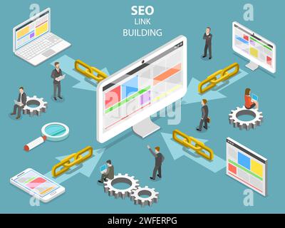 SEO link building flat isometric vector concept. Concept of SEO and digital marketing. Stock Vector
