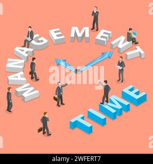Time management flat isometric vector concept of planning, organization of working time. Stock Vector
