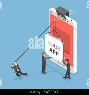 Your app flat isometric vector concept. People are setting an icon of some mobile application into a niche inside of smartphone screen. Stock Vector