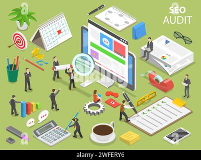 Seo audit flat isometric vector concept. People surrounded by the corresponding attributes are auditing the web site on the computer monitor. Stock Vector