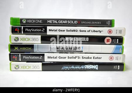 Metal Gear Solid video games stacked pile – Wales, UK  –  29 January 2024 Stock Photo