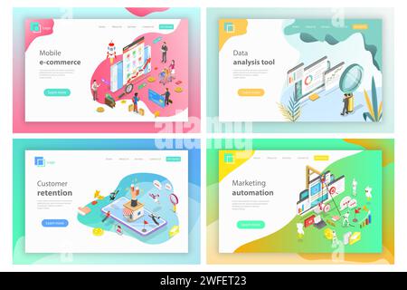 Isometric vector landing page headers for mobile e-commerce, data analysis tools, customer retention, marketing automation. Stock Vector