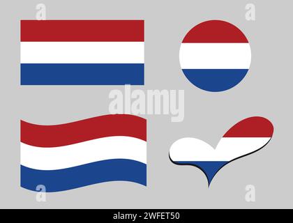 Flag of Netherlands. Netherlands flag in heart shape. Dutch flag in circle shape. Country flag variations Stock Vector