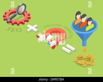 SEO plus inbound marketing flat isometric vector concept of an effective sales strategy. Stock Vector