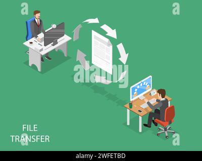 File transfer flat isometric vector concept. Circular arrows are moving indicating data exchange between two office employees. Stock Vector