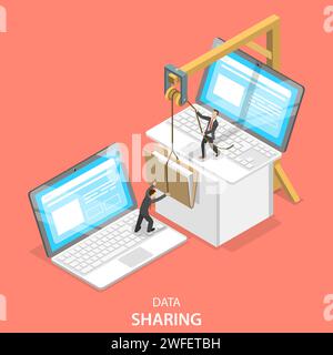 Isometric flat vector concept of data sharing service, social network, information exchange, file transfer. Stock Vector