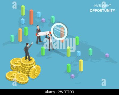 Investment opportunity flat isometric vector concept. Business Men using magnifying glass are searching capable locations in the Earth map for investi Stock Vector