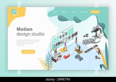 Isometric flat vector landing page template for motion design studio, video editor app, creating video online. Stock Vector