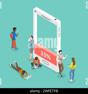 Battery low flat isometric vector concept. People with gadgets are around the smartphone frame with just 15 percent of charge. Stock Vector