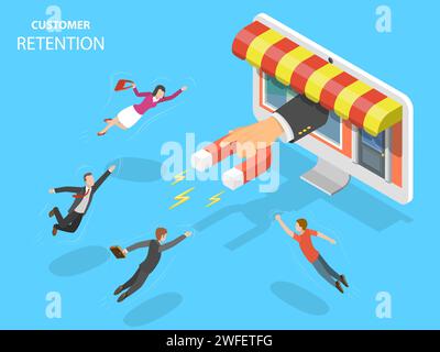 Online store customer retention flat isometric vector concept. Hand with magnet has appeared from the PC monitor attracting people from everywhere. Stock Vector