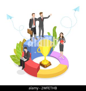 Flat isometric vector concept of successful creative team, teanwork, victory celebrating. Stock Vector