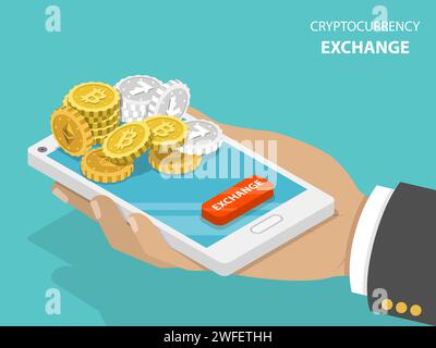 Cryptocurrency exchange flat isometric vector concept. Hand is holding a smartphone with bitcoins, ethereum and litecoins on it and a button EXCHANGE. Stock Vector