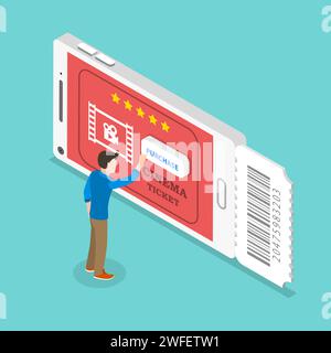 Isometric flat vector concept of mobile cinema tickets app, movie coupon online booking. Stock Vector