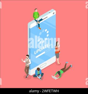 Flat isometric vector concept of smartphone app update, loading process, system upgrade. Stock Vector