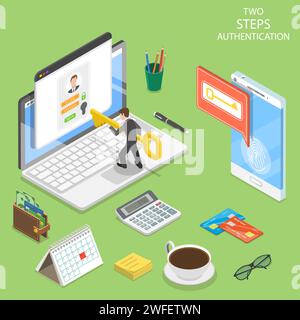 Flat isometric vector concept of two steps verification, multi factor authentication. Stock Vector