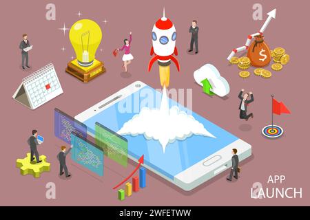 Flat isometric vector concept of app launch, startup idea, mobile development. Stock Vector