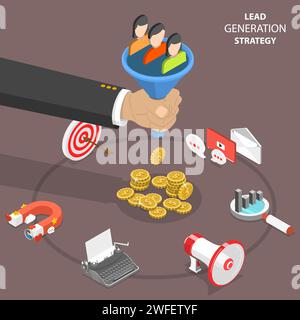 Lead generation strategy flat isometric vector concept. Marketing process of conversion rate optimization and generating business leads. Stock Vector