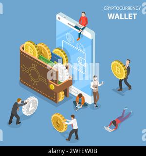 Flat isometric vector concept of cryptocurrency wallet, blockchain, cryptocurrency mining, crypto exchange. Stock Vector