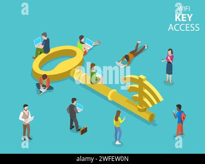 WIFI key access flat isometric vector concept. A metal key with wi-fi symbol on it surrounded by the people with gadgets. Stock Vector