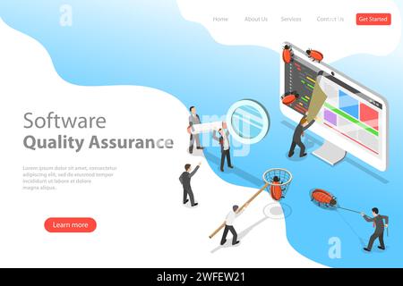 Isometric flat vector landing page template of software quality assurance, SQA, product testing and debugging, programming and coding. Stock Vector