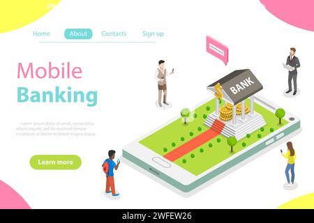 Flat isometric vector concept of online banking, mobile payment, transfer money. Stock Vector