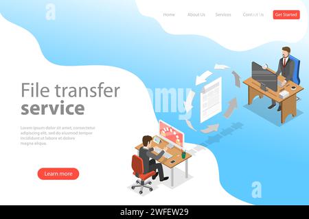 Isometric flat vector landing page template of file transfer service, social network, information exchange, data backup. Stock Vector