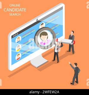 Online candidate search flat isometric vector. Group of HR managers are looking for an new employee. Stock Vector