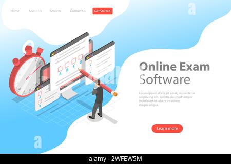 Isometric flat vector landing page header for online testing, questionnaire form, online education, survey, internet exam. Stock Vector