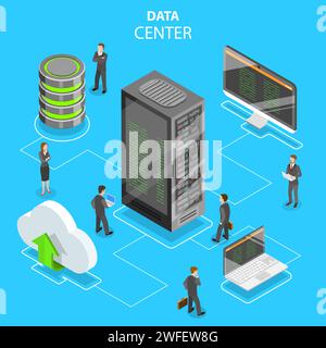 Flat isometric vector concept of data center, cloud storage, secure server database, hosting, file service. Stock Vector