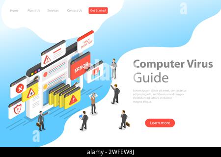 Isometric flat vector landing pate template of computer virus, alert notification, hacking, cyber security, fraud internet error. Stock Vector
