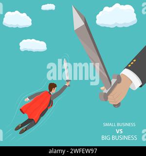 Small business VS big flat isometric vector concept. A businessman that looks like a superhero is flying with sword in his hand to fight with huge han Stock Vector