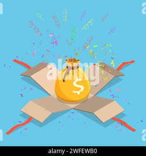 Money bag flat isometric vector concept. Money bag and confetti have appeared from the gift box with ribbon. Stock Vector