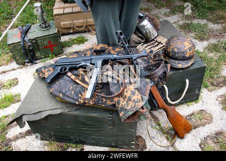 WWII German and Soviet weapons, submachine guns and military equipment Stock Photo