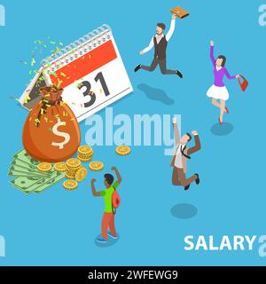 Flat isometric vector concept of salary, payout, bonus, income, annual payment day Stock Vector